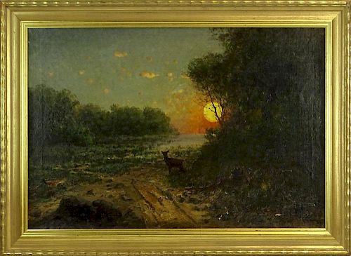 20th Century Oil on Canvas, Deer in Moonlit Landscape