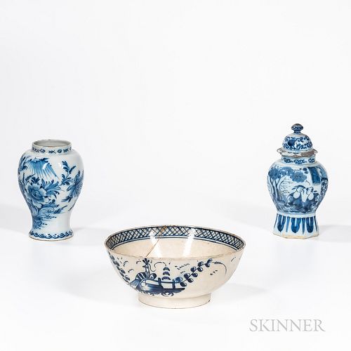 Two Delft Jars and a Pearlware Punch Bowl