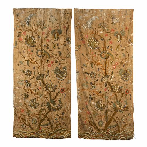 Two Tree of Life Pattern Crewelwork Curtain Panels