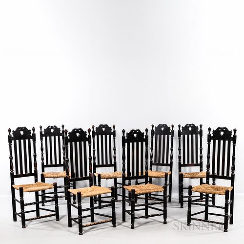 Assembled Set of Eight Bench-made Black-painted Heart and Crown Bannister-back Side Chairs