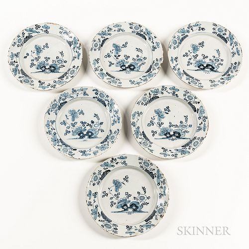 Set of Six Blue and White Tin-glazed Plates