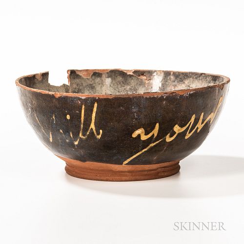 Glazed and Yellow Slip-decorated Redware Bowl