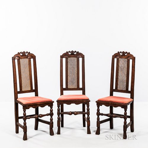 Set of Three Caned Carved Beech Side Chairs