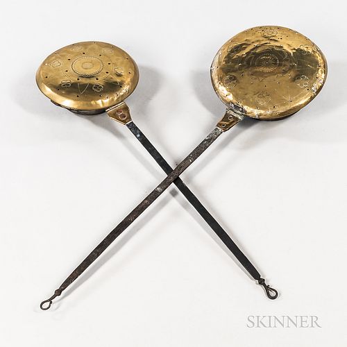 Two Early Engraved Brass and Wrought Iron Bedwarmers