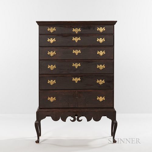 Brown-painted and Carved Cherry Chest-on-frame