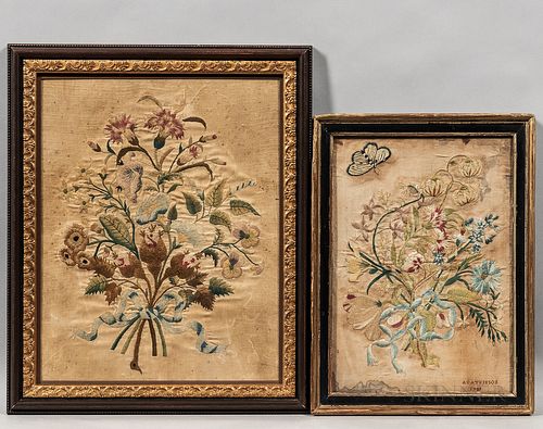 Two Needlework Pictures of Flower Bouquets