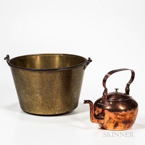 Large Marked Brass Bucket and a Copper Kettle