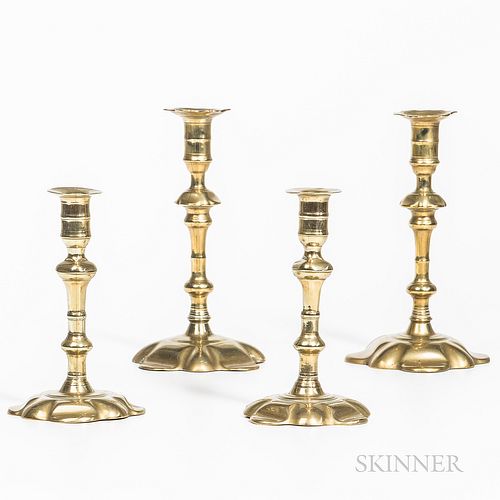 Two Pairs of Brass Queen Anne Petal-base Candlesticks