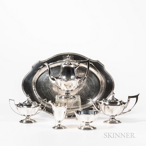 Gorham Sterling Silver Five-piece Plymouth Pattern Tea and Coffee Service with Tray