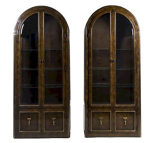 A Pair of Mastercraft Burl Veneer and Brass Mounted Vitrine Cabinets, Height 85 1/2 x width 36 1/4 x depth 16 1/4 inches.