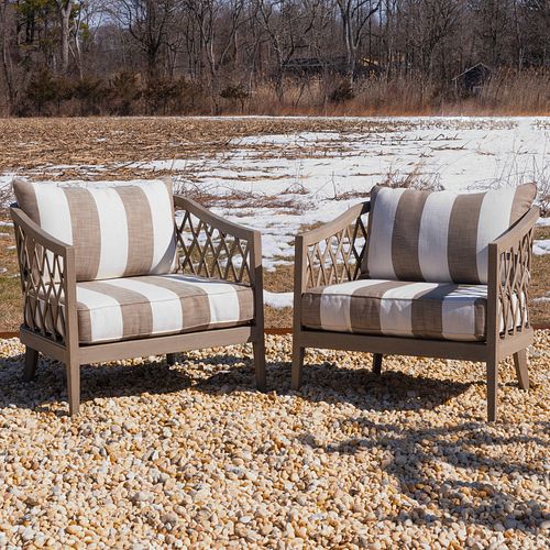 Pair of Restoration Hardware Teak and Upholstered Tub Chairs, The Greystone Collection