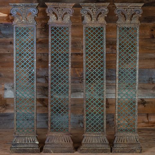 Set of Four Wrought Iron and Metal Trellis Decorated Pilasters