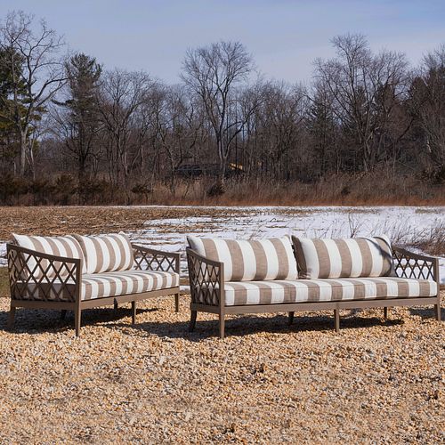 Pair of Restoration Hardware Teak and Upholstered Outdoor Settees, The Greystone Collection