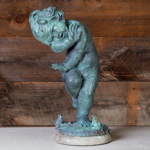 Italian Bronze Fountain of a Crying Baby with Frogs