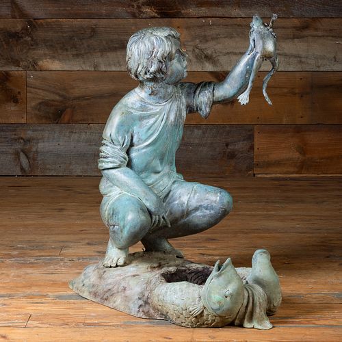 Cast Metal Model of a Youth at a Carp Pond with a Frog Fountain