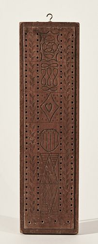 Carved Cribbage Board with Hearts and Shield