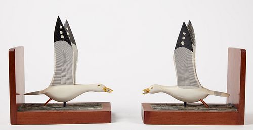 Pair of Carved Seagull with Fish Bookends