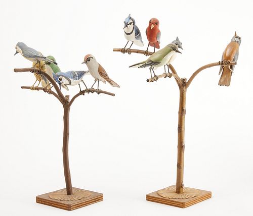 Pair of Carved and Painted Bird Trees