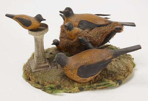 Folk Art Sculpture with 5 Birds