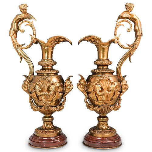 Victor Paillard Dore Bronze and Rouge Marble Ewers