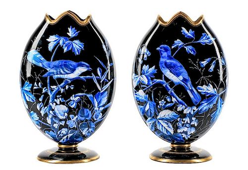 Pair of Large Basalt Glass Vases w/Enameled Bird