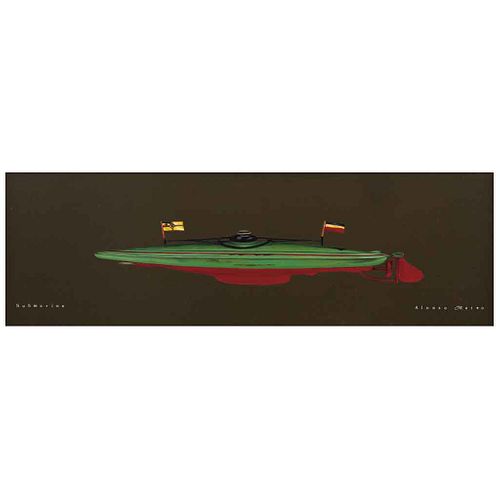 ALONSO MATEO, Submarino, Signed, Acrylic on canvas, 13.5 x 41.3" (34.5 x 105 cm)
