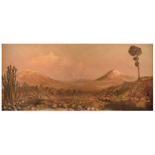 GUILLERMO GÓMEZ MAYORGA, Los volcanes, ca. 1925, Signed, Oil on canvas, 19.8 x 43.5" (50.5 x 110.6 cm), Certificate