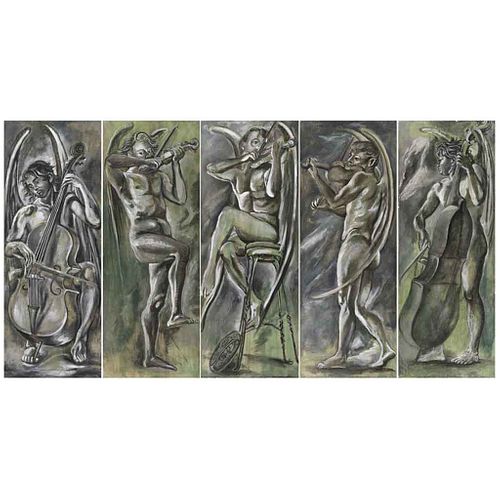 FEDERICO CANTÚ, Quinteto ángeles músicos, Unsigned, Tempera on wood, Polyptych, 72 x 27.5" (183 x 70 cm) each, 72 x 137.7" (183 x 350 cm) total, Piece