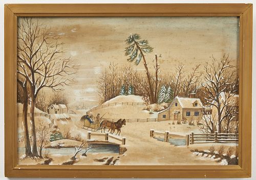 Primitive Folk Art Watercolor Winter Scene