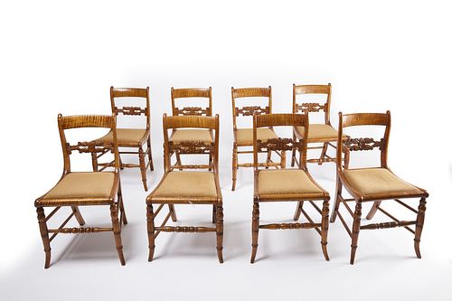 Set of 8 Period Tiger Maple Dining Chairs