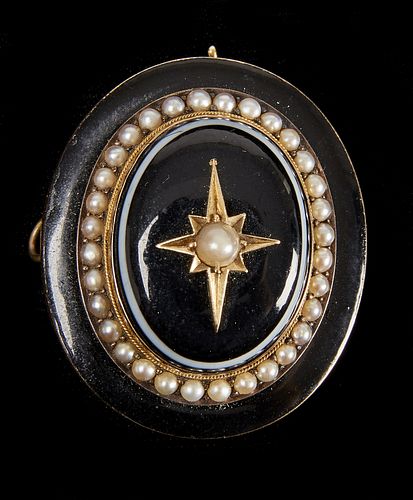 Early Gold Pin with Onyx and Pearls