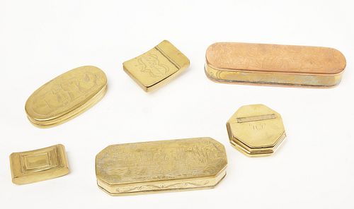 Group of Six Early Brass Tobacco Boxes
