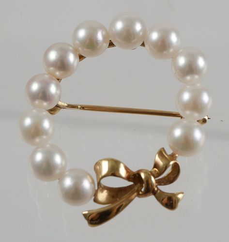 14K Mikimoto Wreath Bowtie Pearl Brooch Pin