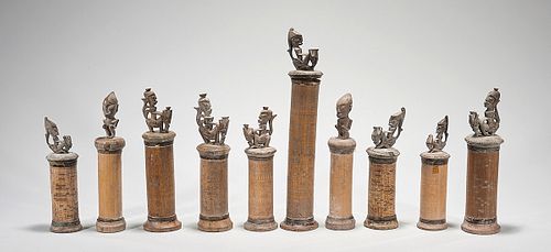 Group of Ten Chinese Carved Wood & Bamboo Covered Containers