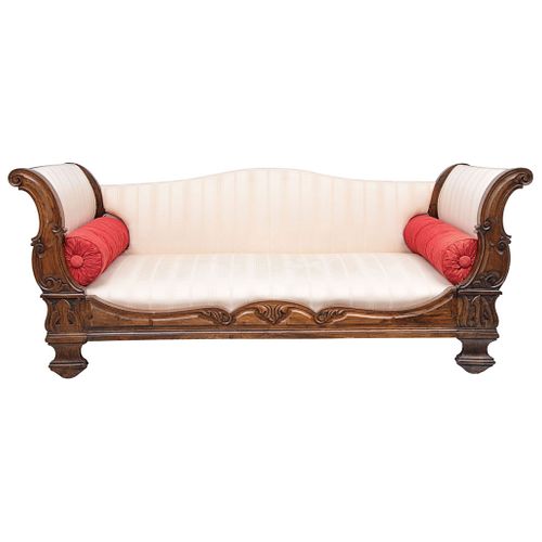 LIT-BATEAU (SLEIGH BED) EARLY 20TH CENTURY Carved wood, cushioned mattress and two tubular pillows 34.6 x 85.8 x 34.6" (88 x 218 x 88 cm)