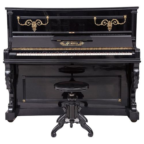 UPRIGHT PIANO EUGÈNE MOULLÉ (PARIS,19TH CENTURY) In ebonized wood and metal bronze chandeliers, ivory foil keys 48.8 x 5.1" (124 x 140 cm)