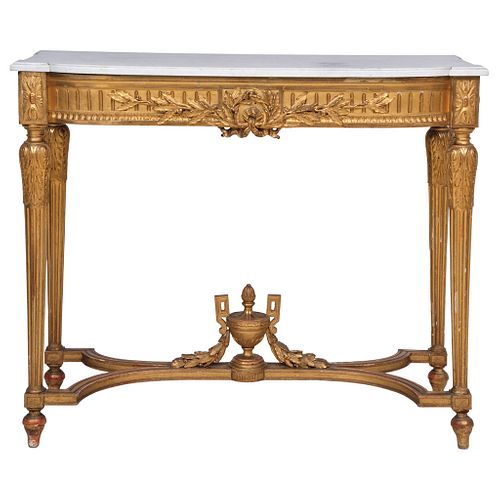 CONSOLE TABLE 20TH CENTURY EMPIRE Style Made of gilded wood; marble top, ribbed crossbar 35.8 x 4.3 x 1.9" (91 x 11 x 50 cm)