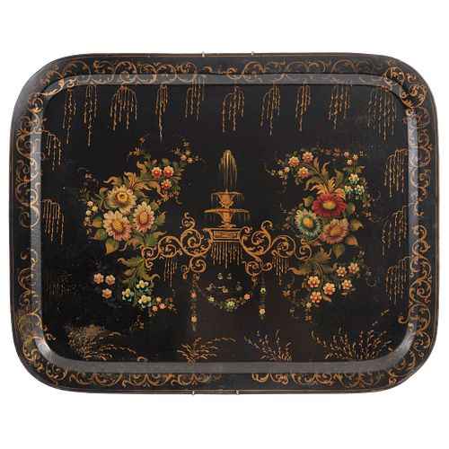 TRAY In metal, hand painted with floral motifs and fountain 22.6 x 28.5" (57.5 x 72.5 cm)