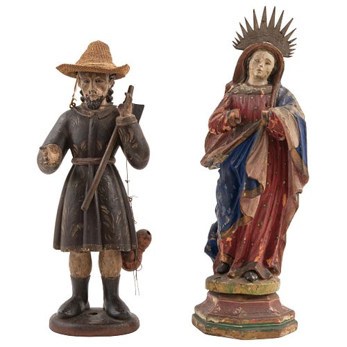 ST JOSEPH AND THE VIRGIN MARY MEXICO, 19TH CENTURY Carved in polychromed wood 22.8" (58 cm) maximum dimensions