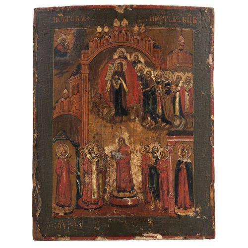 ICON PROTECTION OF THE MOTHER OF GOD RUSSIA, LATE 19TH CENTURY Oil on gilded and sgraffito wood. 12.9 x 10.4"  (33 x 26.5 cm)