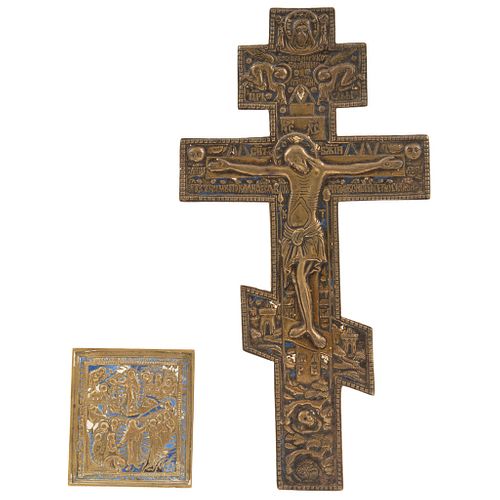 ICON AND RUSSIAN ORTHODOX CROSS RUSSIA, 19TH CENTURY In bronze with enamel remains Cross: 14.7 x 7.6" (37.5 x 19.5) Icon: 3.7 x 3.9" (9.5 x 10 cm)