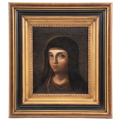 VERA EFIGIE DE LA VIRGEN MARÍA ANONYMOUS, SPAIN, LATE 17TH CENTURY Oil on canvas Restored 14.1 x 12" (36 x 30.5 cm)
