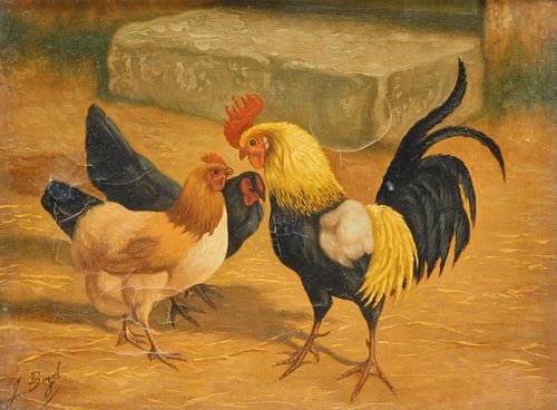 19C Barnyard Chicken & Rooster Painting