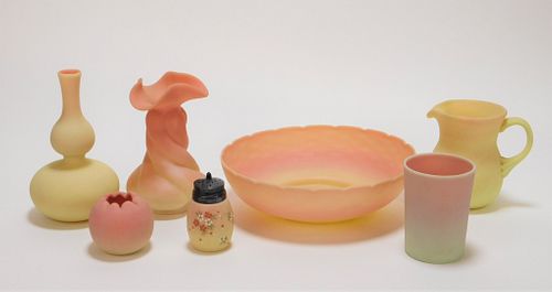 7PC Peach Blow Satin Glass Vase & Tableware Group