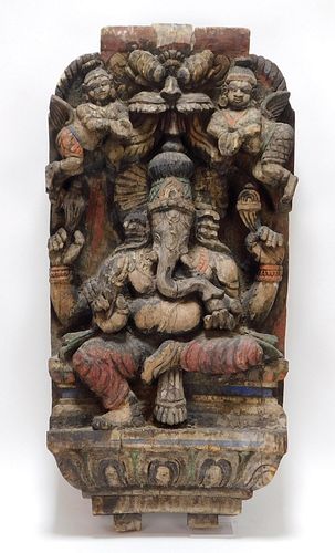 19C Indian Carved Wood Ganesh Panel