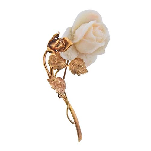14k Gold Carved Coral Rose Flower Brooch Pin