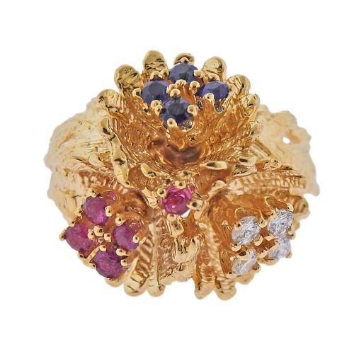 14k Gold Diamond Ruby Sapphire Flower Dome Ring 
