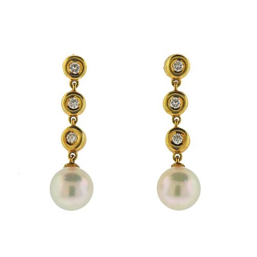 Mikimoto 18k Gold Diamond Pearl Drop Earrings