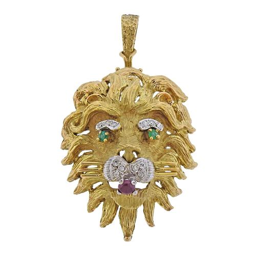 18k Gold Emerald Ruby Diamond Lion Head Pendant Brooch