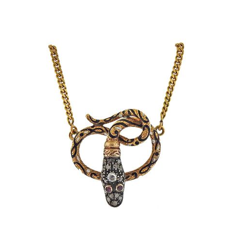 Antique 18k Gold Enamel Diamond Ruby Snake Pendant Necklace